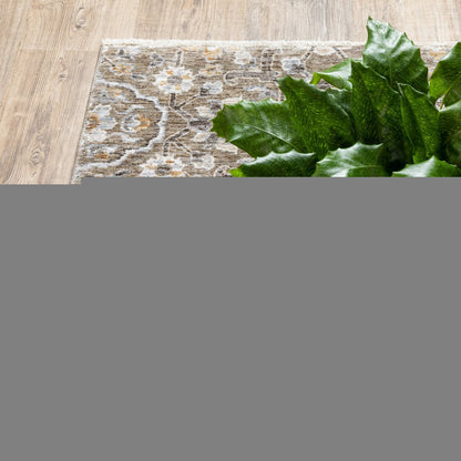 7' X 10' Gray And Gold Floral Area Rug With Fringe