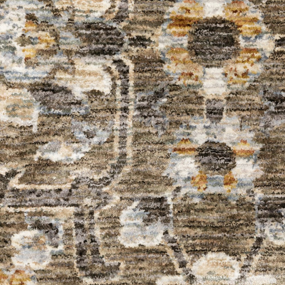 7' X 10' Gray And Gold Floral Area Rug With Fringe