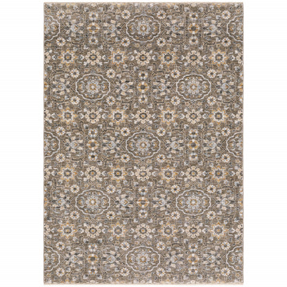 8' X 11' Gray Floral Power Loom Area Rug With Fringe