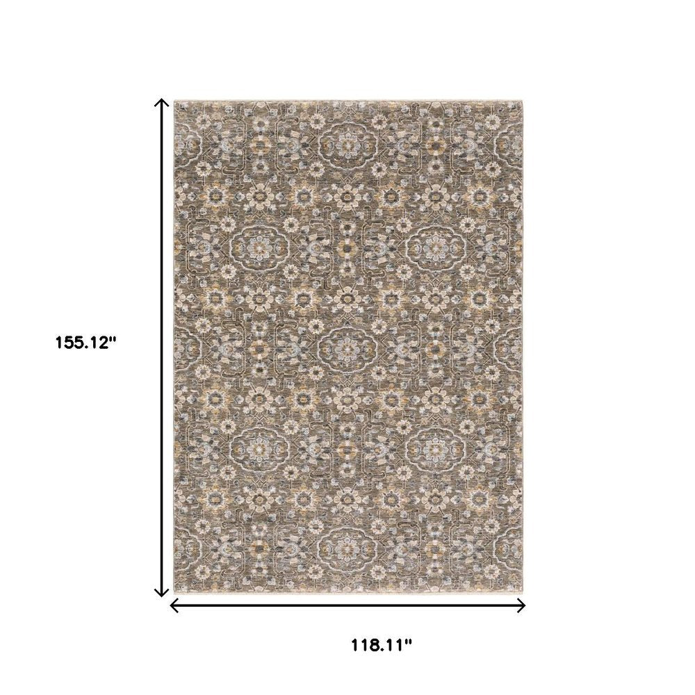 10' X 13' Grey And Tan Floral Power Loom Stain Resistant Area Rug With Fringe