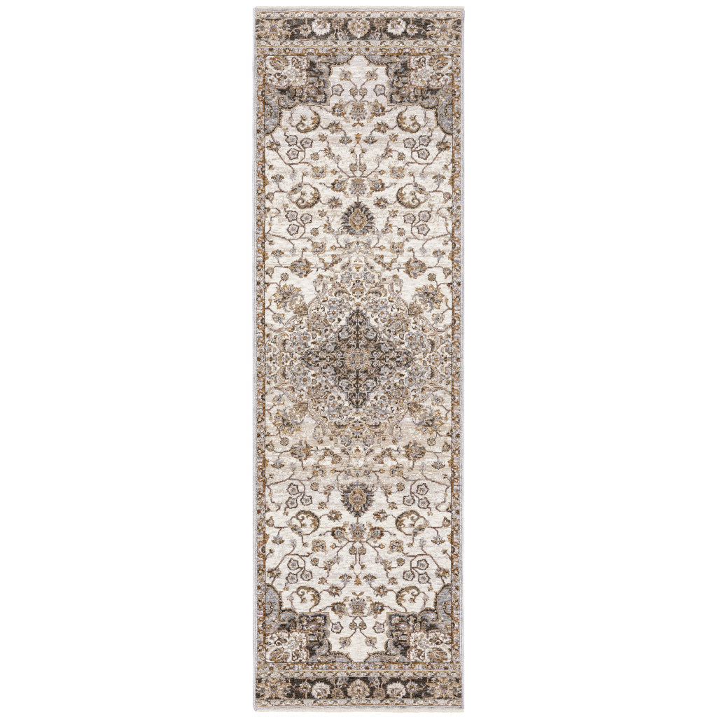 2' X 8' Ivory And Blue Oriental Power Loom Stain Resistant Runner Rug With Fringe