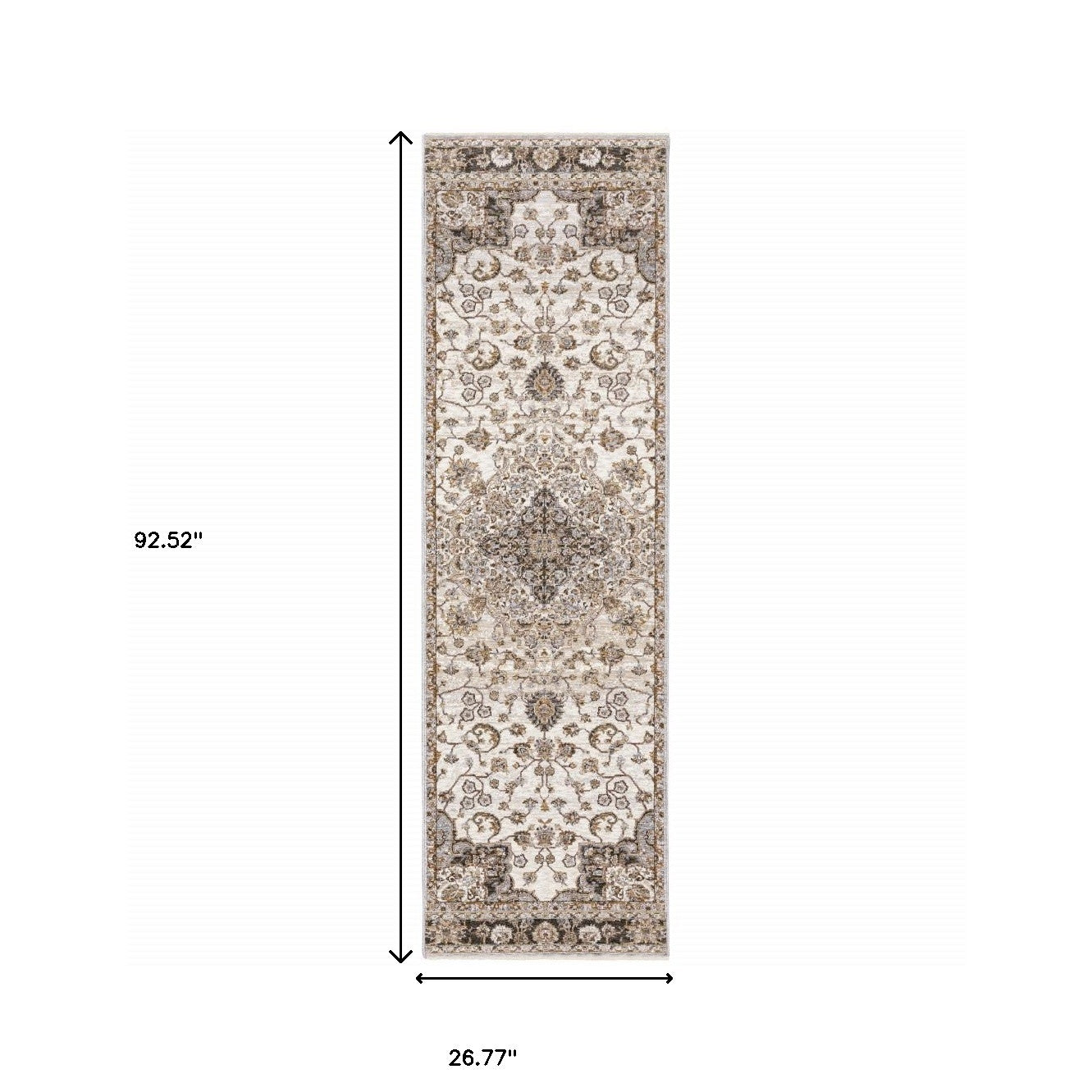 2' X 8' Ivory And Blue Oriental Power Loom Stain Resistant Runner Rug With Fringe