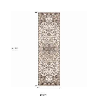 2' X 8' Ivory And Blue Oriental Power Loom Stain Resistant Runner Rug With Fringe