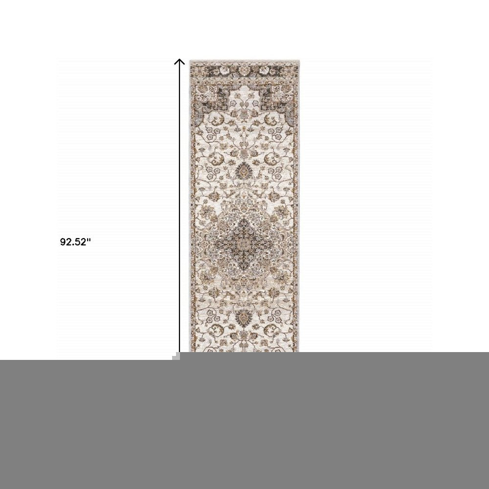 2' X 8' Ivory And Blue Oriental Power Loom Stain Resistant Runner Rug With Fringe