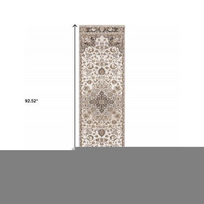 2' X 8' Ivory And Blue Oriental Power Loom Stain Resistant Runner Rug With Fringe