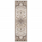 2' X 8' Ivory And Blue Oriental Power Loom Stain Resistant Runner Rug With Fringe