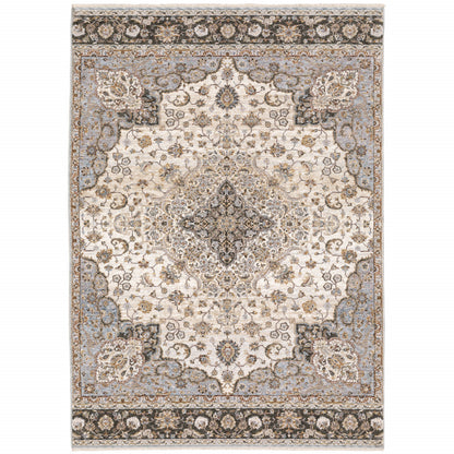 2' X 3' Ivory And Blue Oriental Power Loom Stain Resistant Area Rug With Fringe