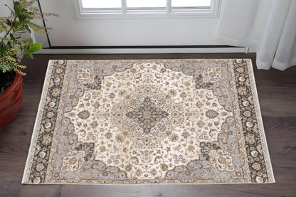 2' X 3' Ivory And Blue Oriental Power Loom Stain Resistant Area Rug With Fringe
