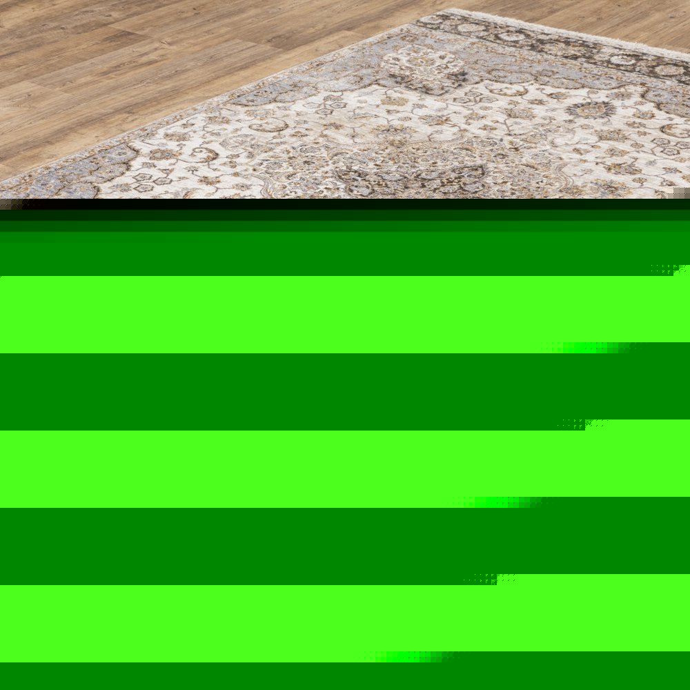 5' X 8' Ivory And Blue Oriental Power Loom Stain Resistant Area Rug With Fringe