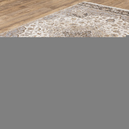 5' X 8' Ivory And Blue Oriental Power Loom Stain Resistant Area Rug With Fringe