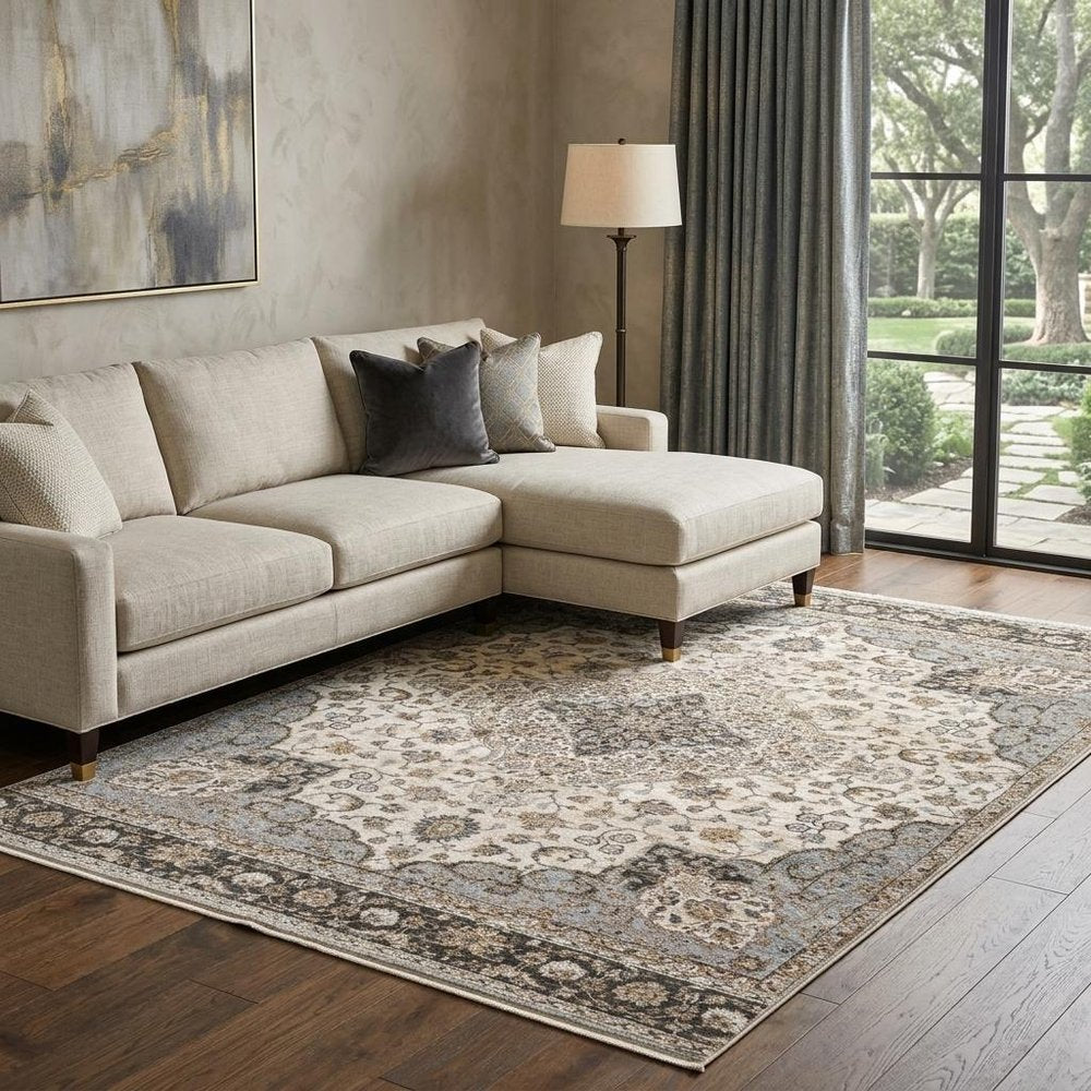 7' X 10' Ivory And Blue Oriental Area Rug With Fringe