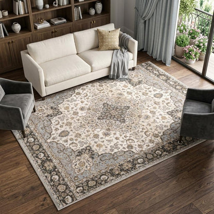 7' X 10' Ivory And Blue Oriental Area Rug With Fringe