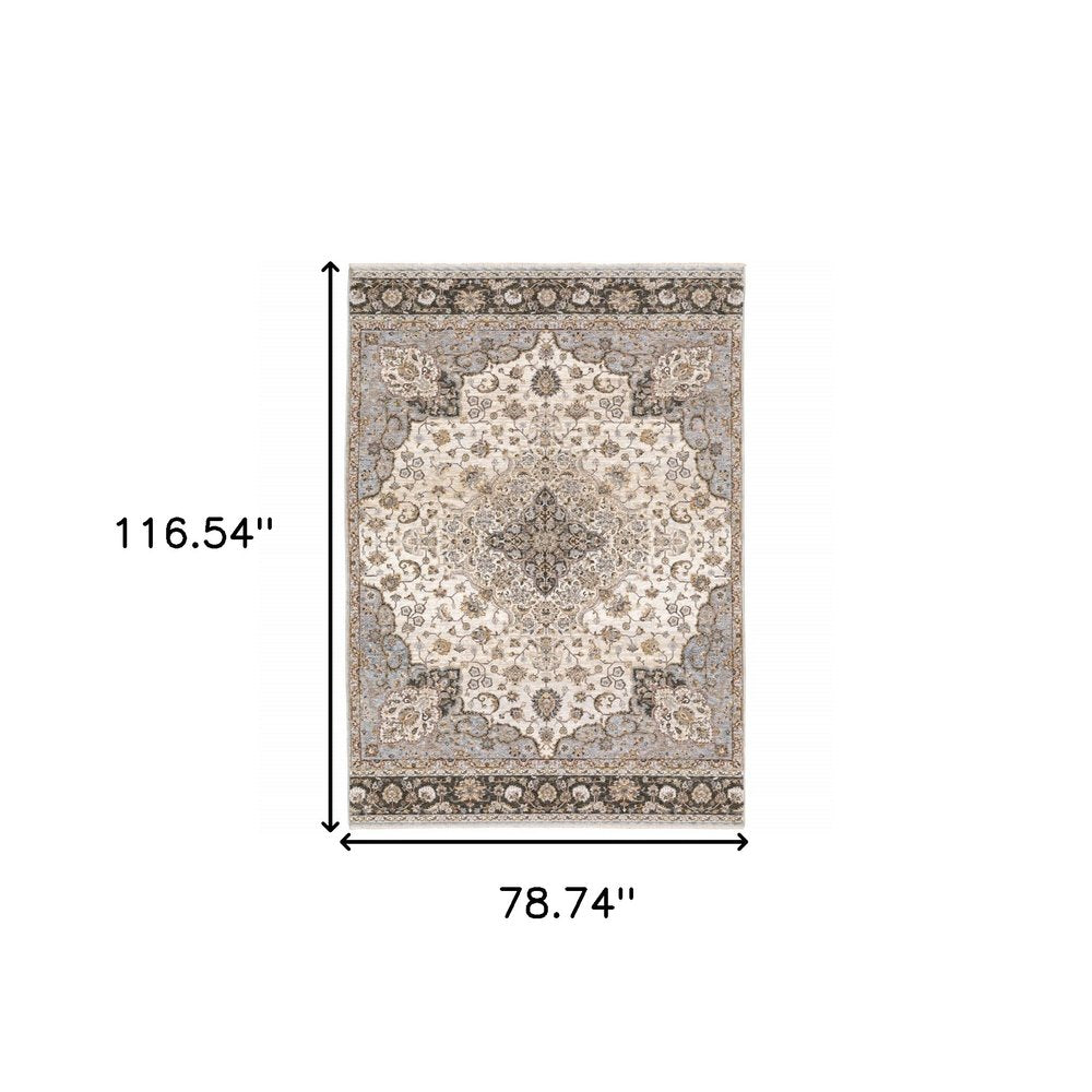 7' X 10' Ivory And Blue Oriental Area Rug With Fringe
