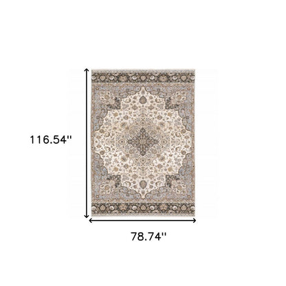 7' X 10' Ivory And Blue Oriental Area Rug With Fringe