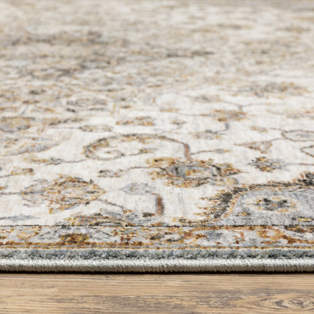 7' X 10' Ivory And Blue Oriental Area Rug With Fringe