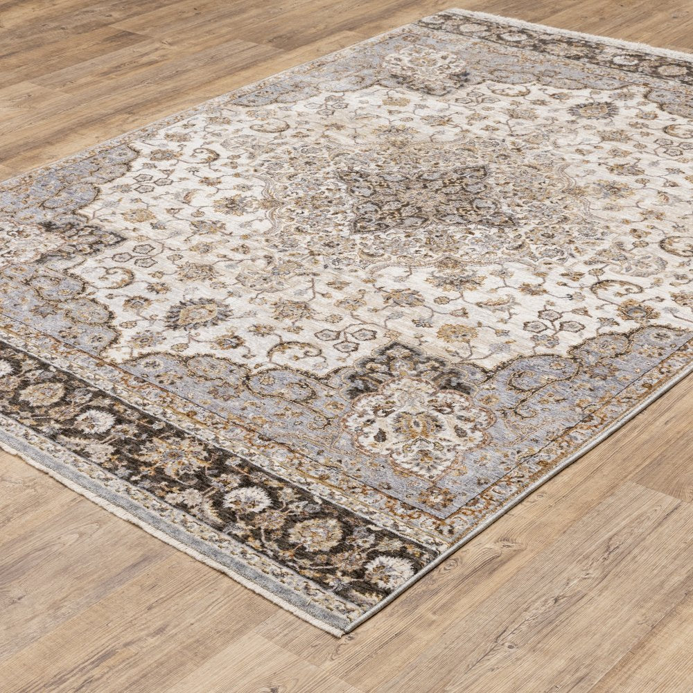 7' X 10' Ivory And Blue Oriental Area Rug With Fringe