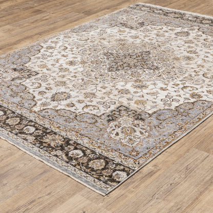 7' X 10' Ivory And Blue Oriental Area Rug With Fringe