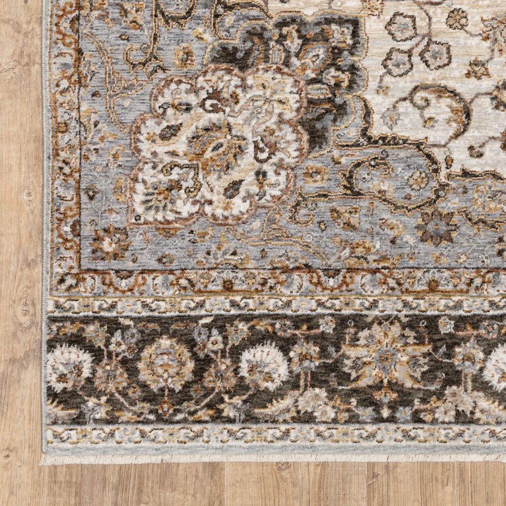 7' X 10' Ivory And Blue Oriental Area Rug With Fringe