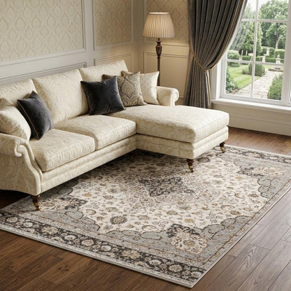 8' X 11' Ivory And Blue Oriental Area Rug With Fringe