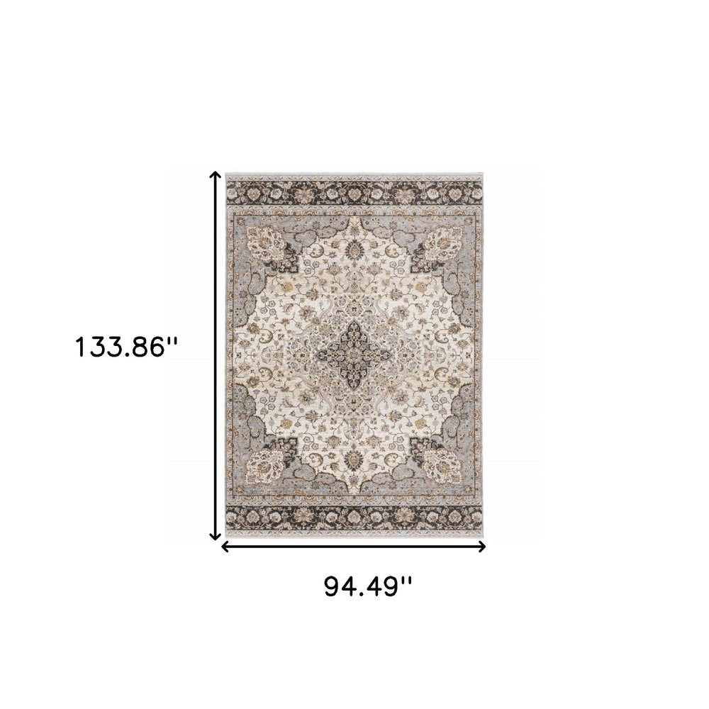8' X 11' Ivory And Blue Oriental Area Rug With Fringe