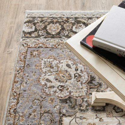 8' X 11' Ivory And Blue Oriental Area Rug With Fringe