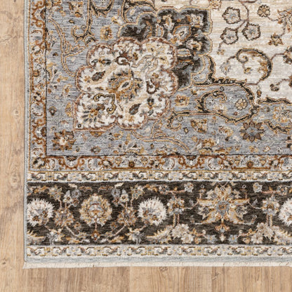 8' X 11' Ivory And Blue Oriental Area Rug With Fringe
