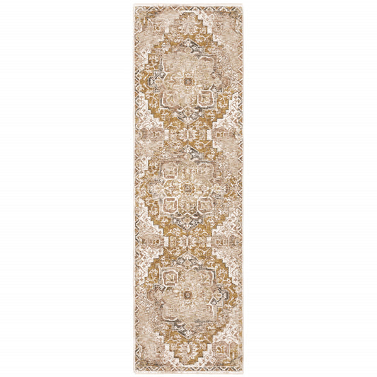 2' X 8' Gold And Ivory Oriental Power Loom Stain Resistant Runner Rug With Fringe