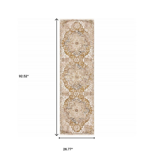 2' X 8' Gold And Ivory Oriental Power Loom Stain Resistant Runner Rug With Fringe