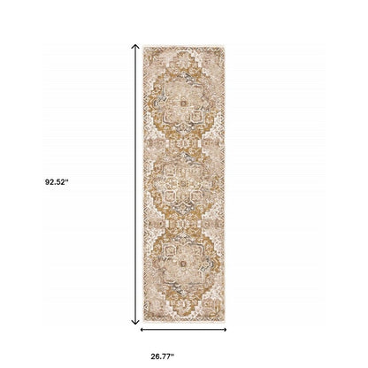 2' X 8' Gold And Ivory Oriental Power Loom Stain Resistant Runner Rug With Fringe