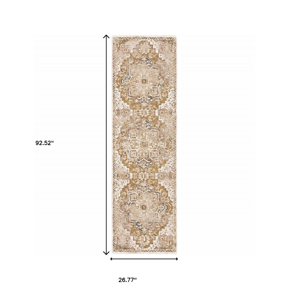 2' X 8' Gold And Ivory Oriental Power Loom Stain Resistant Runner Rug With Fringe