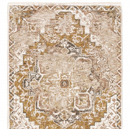 2' X 8' Gold And Ivory Oriental Power Loom Stain Resistant Runner Rug With Fringe