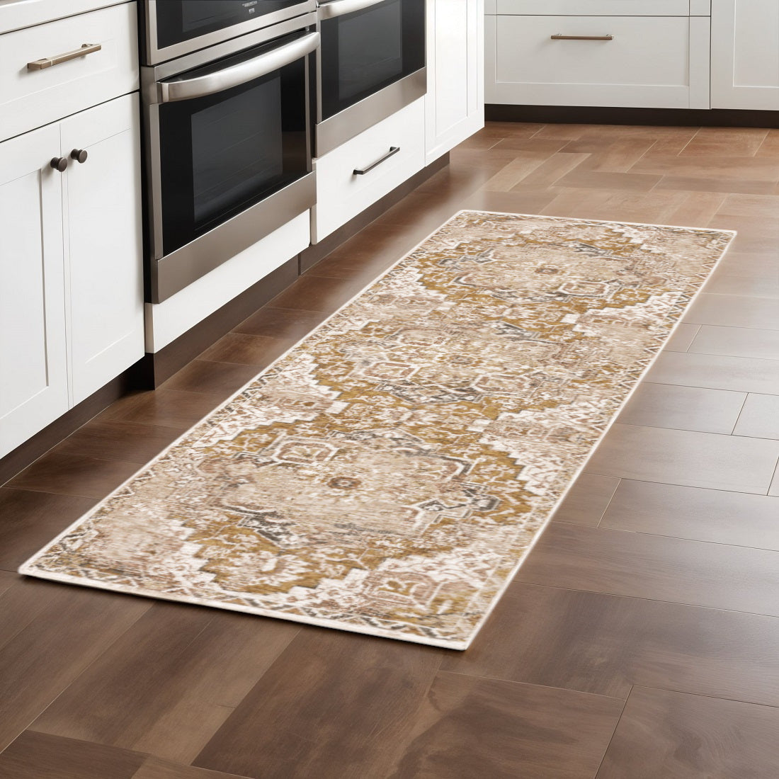 2' X 8' Gold And Ivory Oriental Power Loom Stain Resistant Runner Rug With Fringe