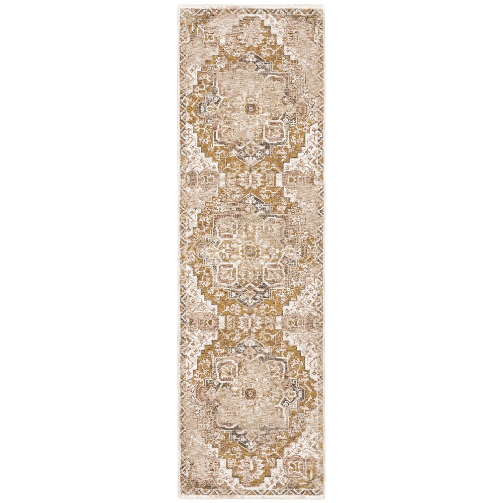 2' X 8' Gold And Ivory Oriental Power Loom Stain Resistant Runner Rug With Fringe