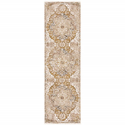 2' X 8' Gold And Ivory Oriental Power Loom Stain Resistant Runner Rug With Fringe