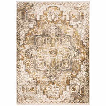 2' X 3' Gold And Ivory Oriental Power Loom Stain Resistant Area Rug With Fringe