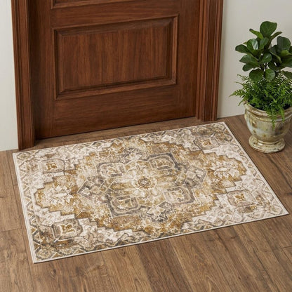 2' X 3' Gold And Brown Oriental Distressed Area Rug With Fringe