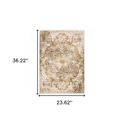 2' X 3' Gold And Brown Oriental Distressed Area Rug With Fringe