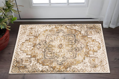 2' X 3' Gold And Brown Oriental Distressed Area Rug With Fringe