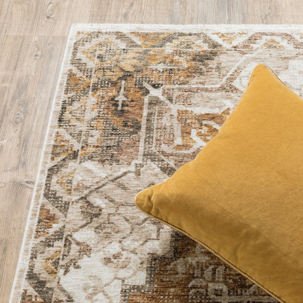 2' X 3' Gold And Brown Oriental Distressed Area Rug With Fringe