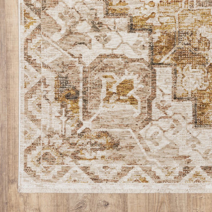 2' X 3' Gold And Brown Oriental Distressed Area Rug With Fringe