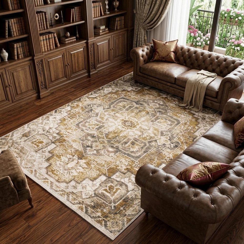 7' X 10' Gold And Brown Oriental Distressed Area Rug With Fringe