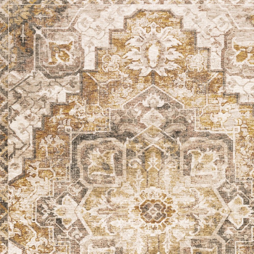 7' X 10' Gold And Brown Oriental Distressed Area Rug With Fringe