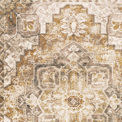 7' X 10' Gold And Brown Oriental Distressed Area Rug With Fringe