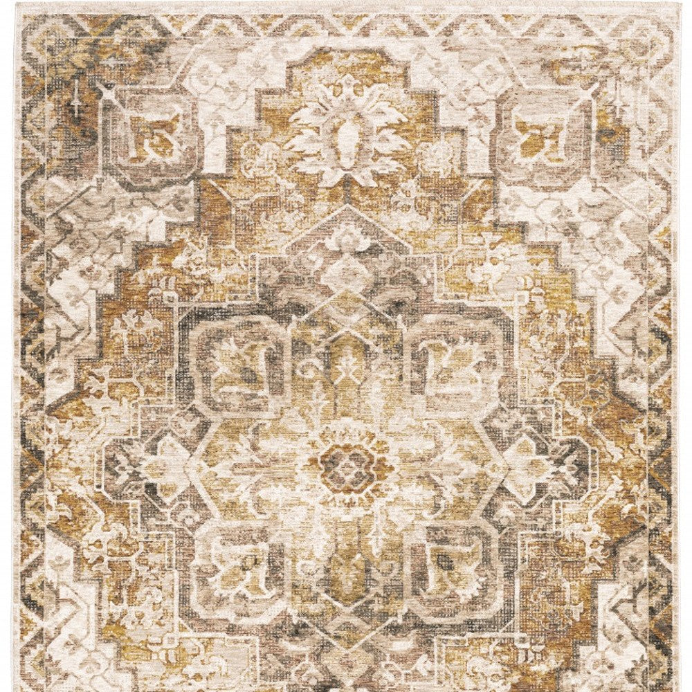7' X 10' Gold And Brown Oriental Distressed Area Rug With Fringe