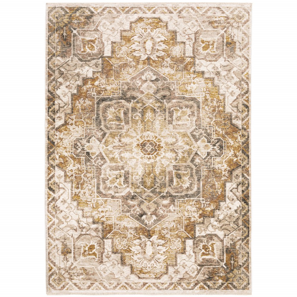 7' X 10' Gold And Brown Oriental Distressed Area Rug With Fringe