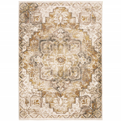 7' X 10' Gold And Brown Oriental Distressed Area Rug With Fringe
