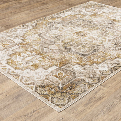 7' X 10' Gold And Brown Oriental Distressed Area Rug With Fringe