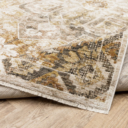 7' X 10' Gold And Brown Oriental Distressed Area Rug With Fringe