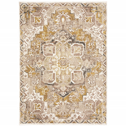 8' X 11' Gold And Ivory Oriental Power Loom Stain Resistant Area Rug With Fringe