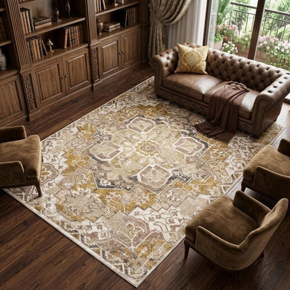 8' X 11' Gold And Brown Oriental Distressed Area Rug With Fringe
